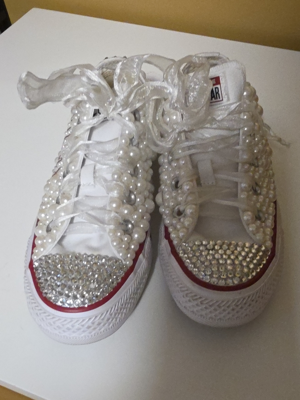 Converse White Sneakers with Pearl & Rhinestone Embellishments